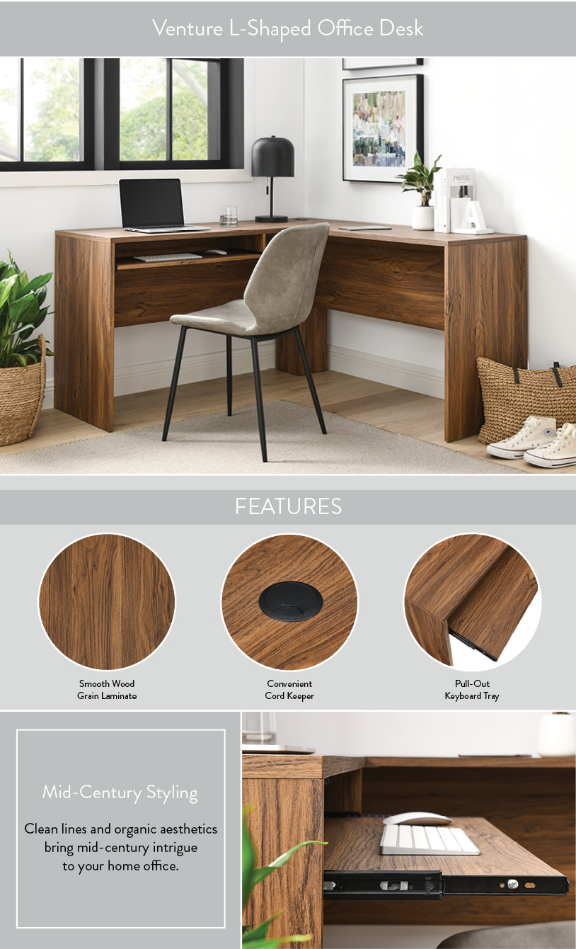 Modway Venture Mid-Century Modern L-Shaped Office Desk in Walnut